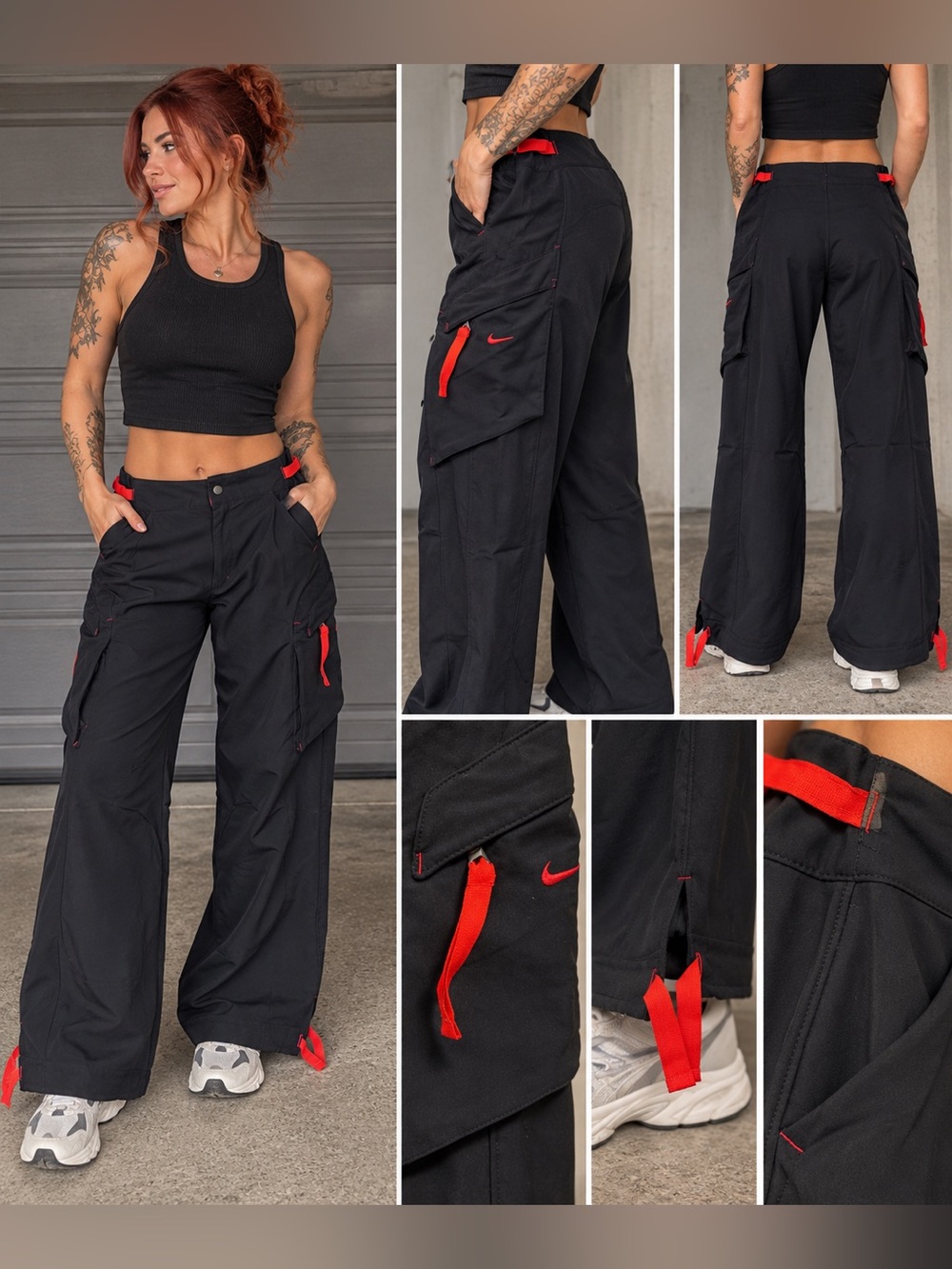 Nike Dri-FIT Black Red Utility Cargo Wide Leg Pants Size 6 Y2K Techwear
